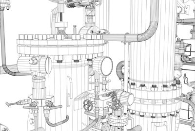 Industrial equipment, tubes and valves. Vector rendering from 3d